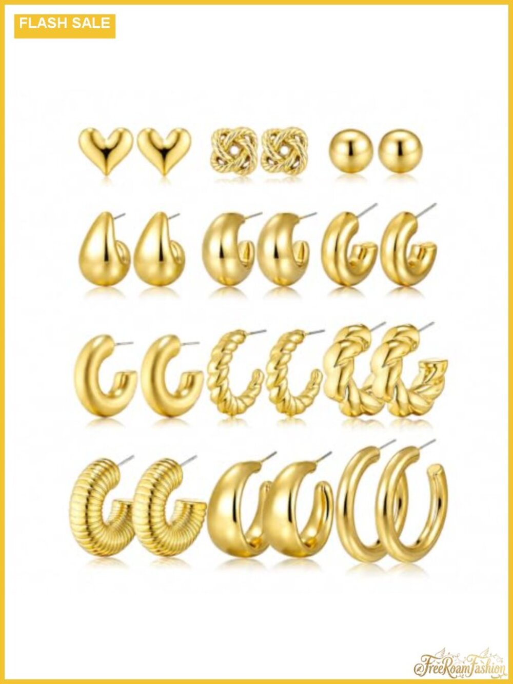 12 Pairs Gold Hoop Earring Set for Women - Hypoallergenic Chunky Huggies &